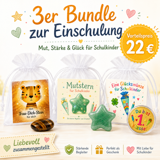 MilaBoo 3er Geschenk-Bundle zur Einschulung – Trau-Dich-Stein, Mutstern & Glücksmünze für Schulkinder
