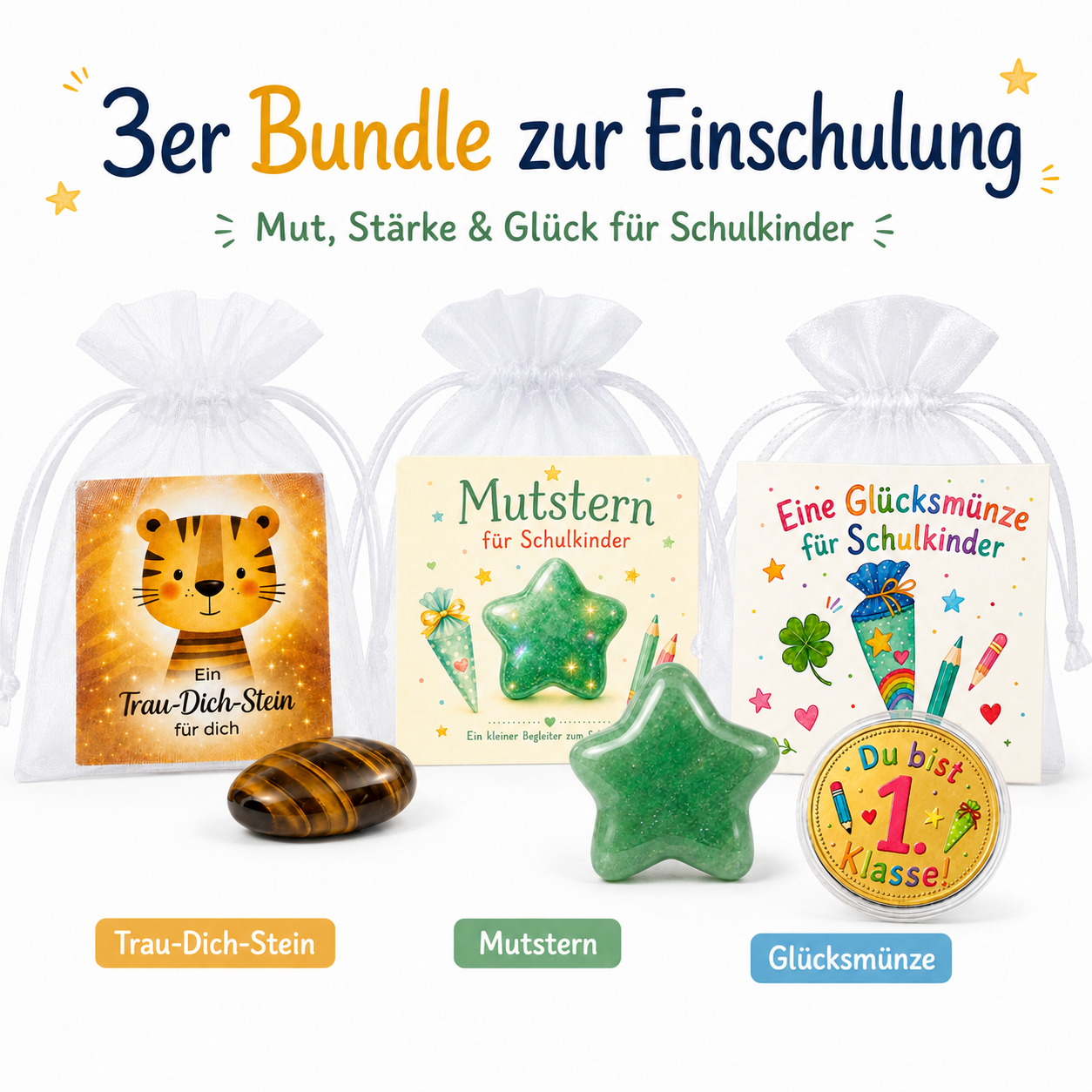 MilaBoo 3er Geschenk-Bundle zur Einschulung – Trau-Dich-Stein, Mutstern & Glücksmünze für Schulkinder