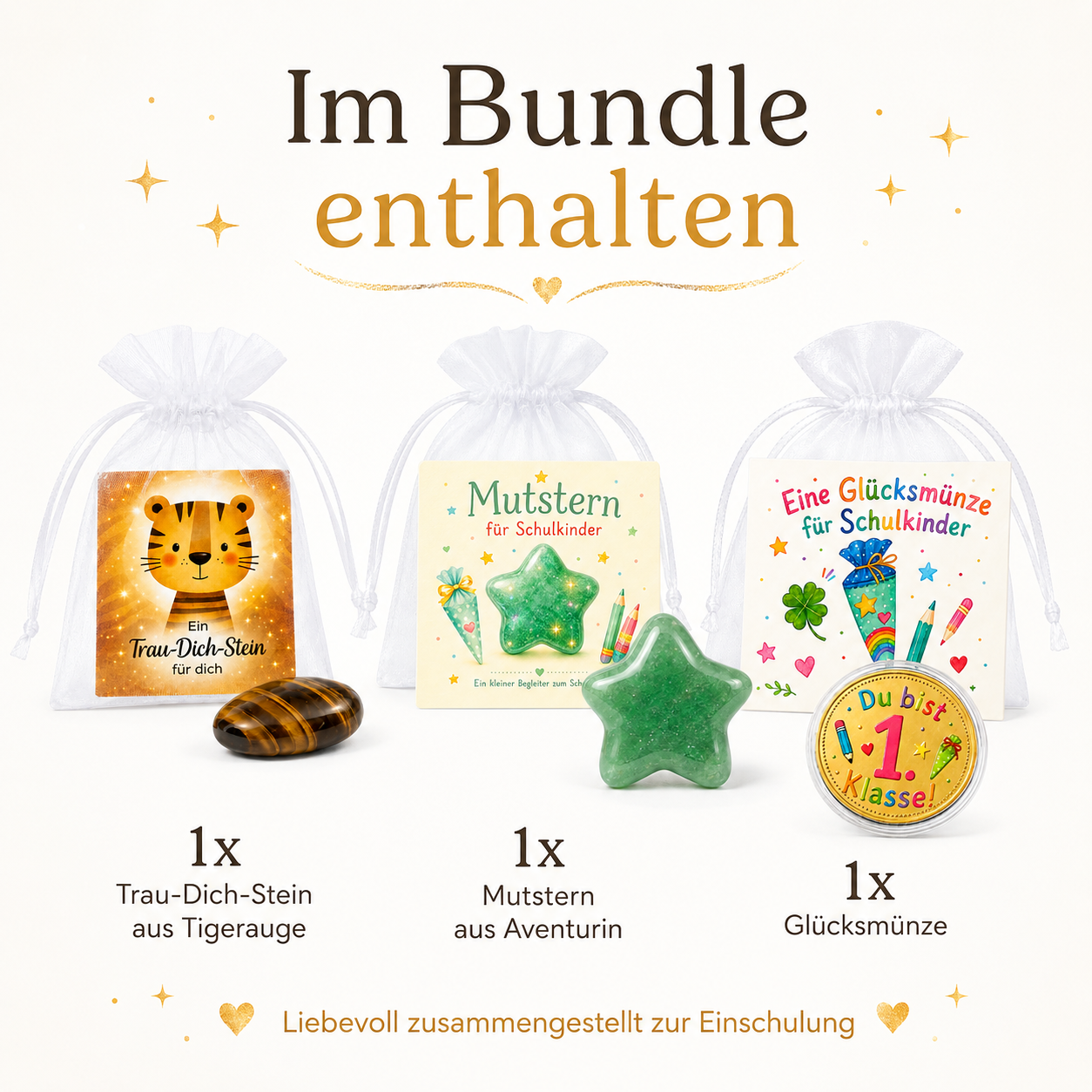 MilaBoo 3er Geschenk-Bundle zur Einschulung – Trau-Dich-Stein, Mutstern & Glücksmünze für Schulkinder