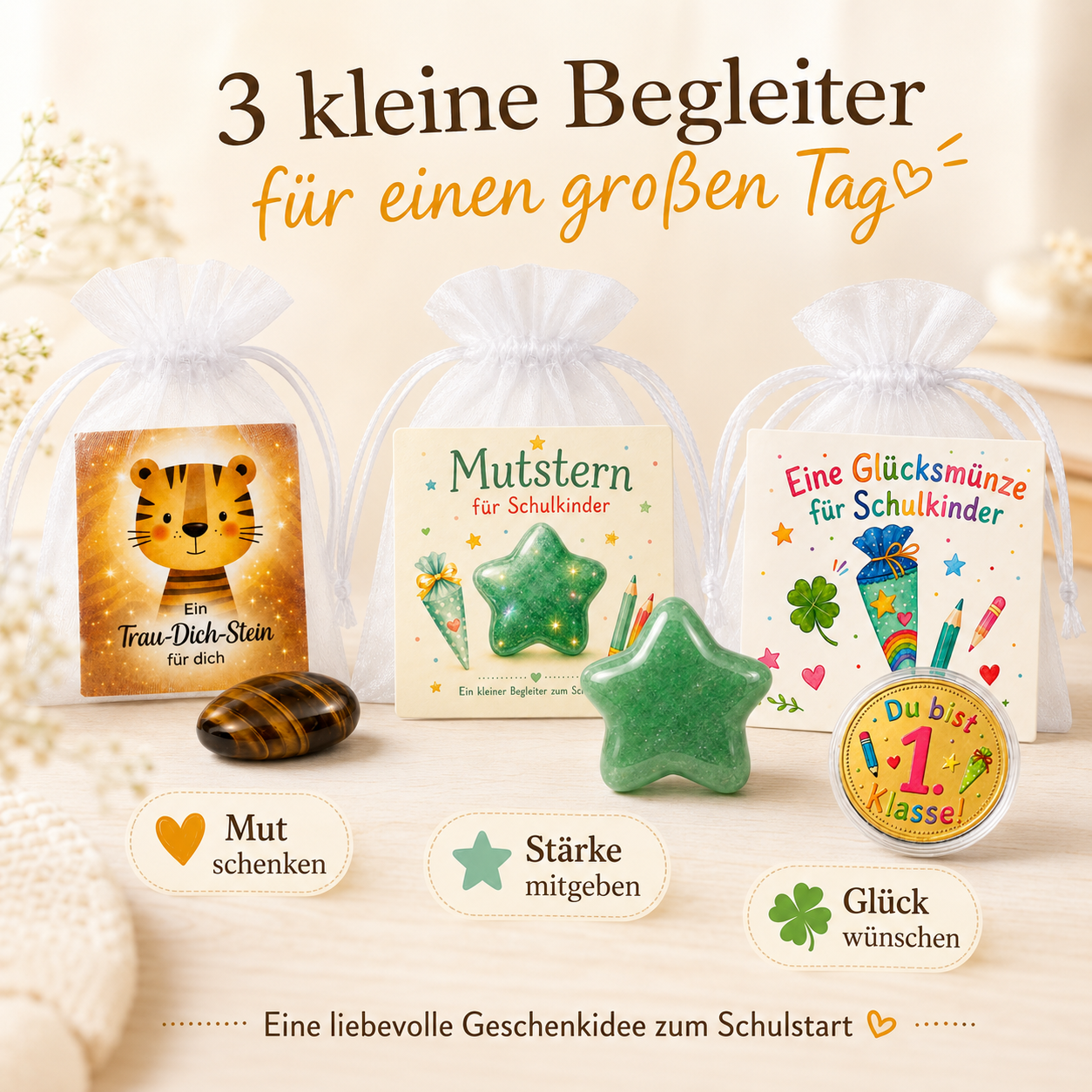 MilaBoo 3er Geschenk-Bundle zur Einschulung – Trau-Dich-Stein, Mutstern & Glücksmünze für Schulkinder