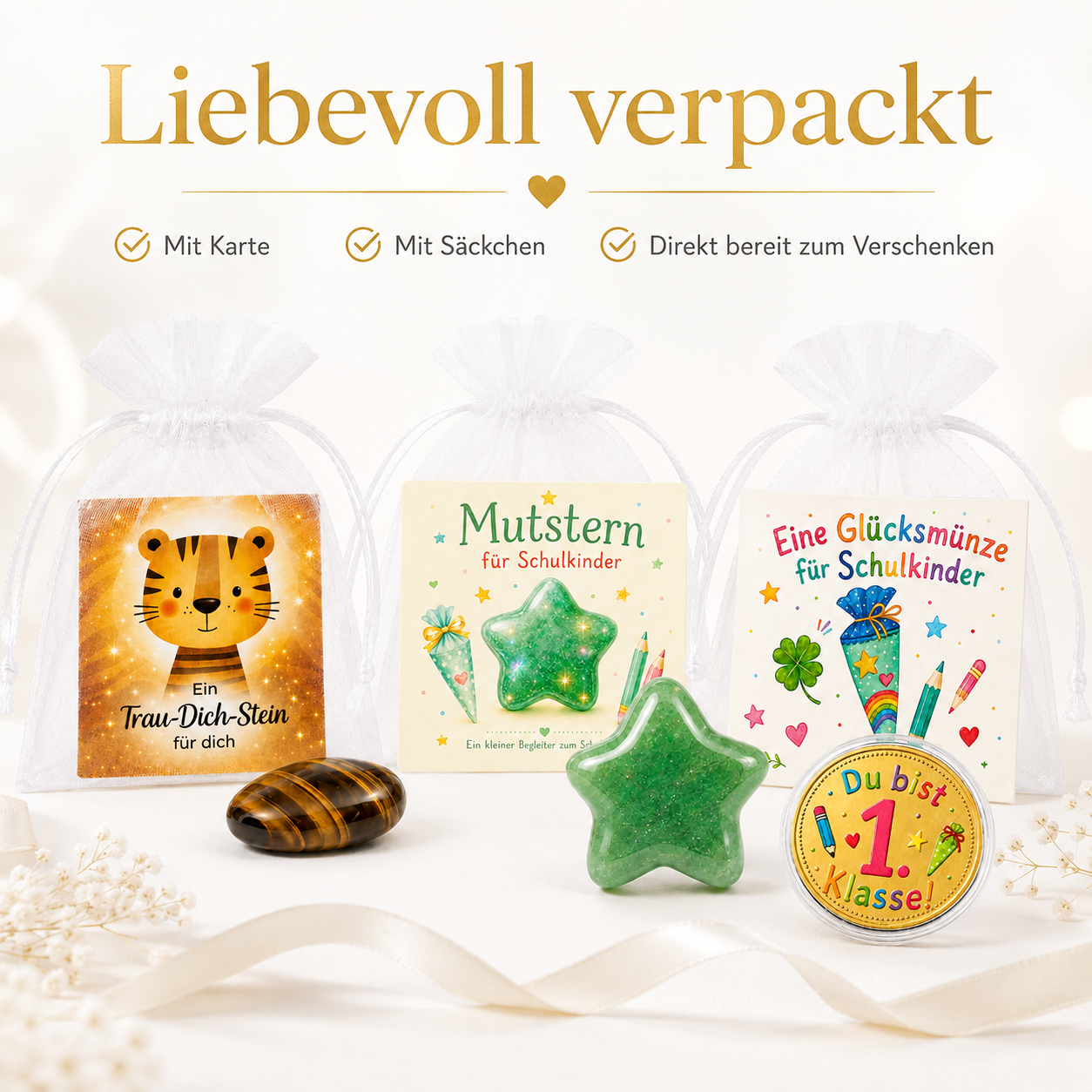 MilaBoo 3er Geschenk-Bundle zur Einschulung – Trau-Dich-Stein, Mutstern & Glücksmünze für Schulkinder
