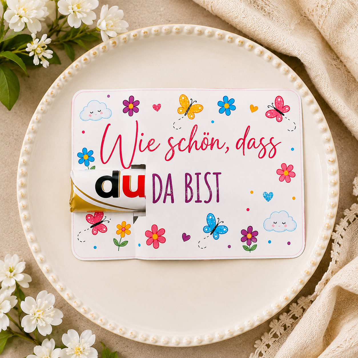 Druckvorlage „Wie schön, dass du da bist“ | Duplo Geschenk | Kleine Aufmerksamkeit | Geschenkidee zum Ausdrucken | Sofortdownload