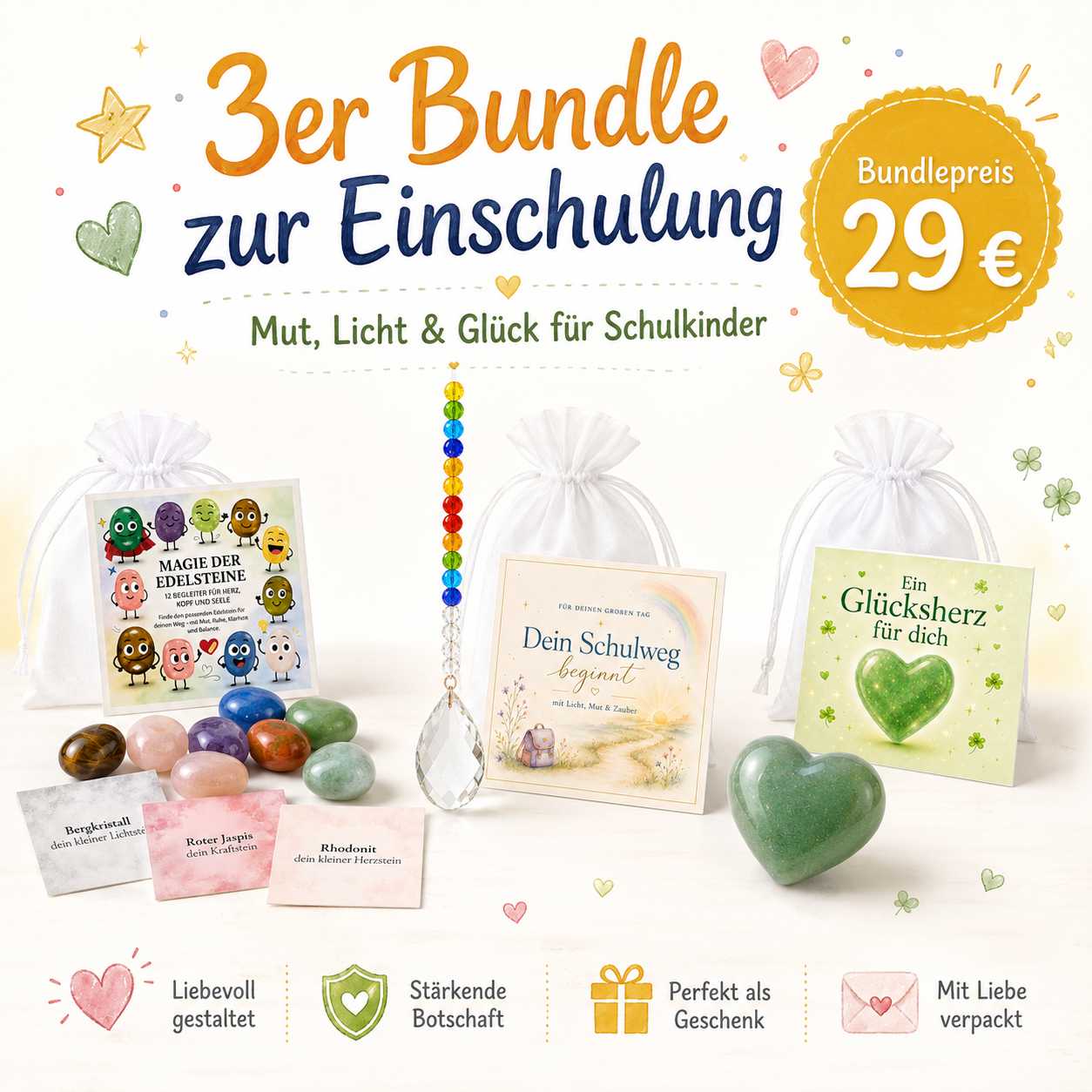 Geschenkset zur Einschulung – 3 Glücksbringer für die Schultüte mit Edelsteinen, Sonnenfänger & Aventurin-Herz