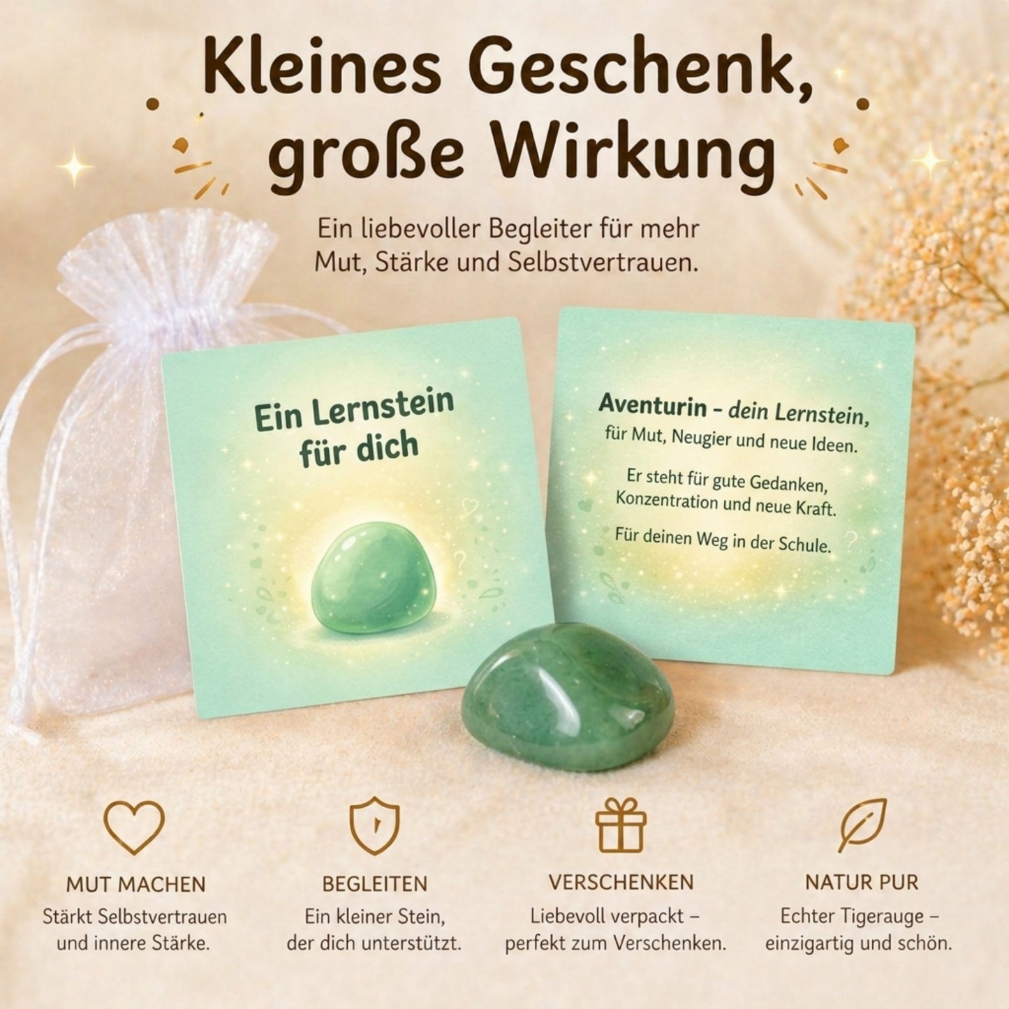 Lernstein Aventurin zur Einschulung – Glücksstein mit Karte im Organzasäckchen