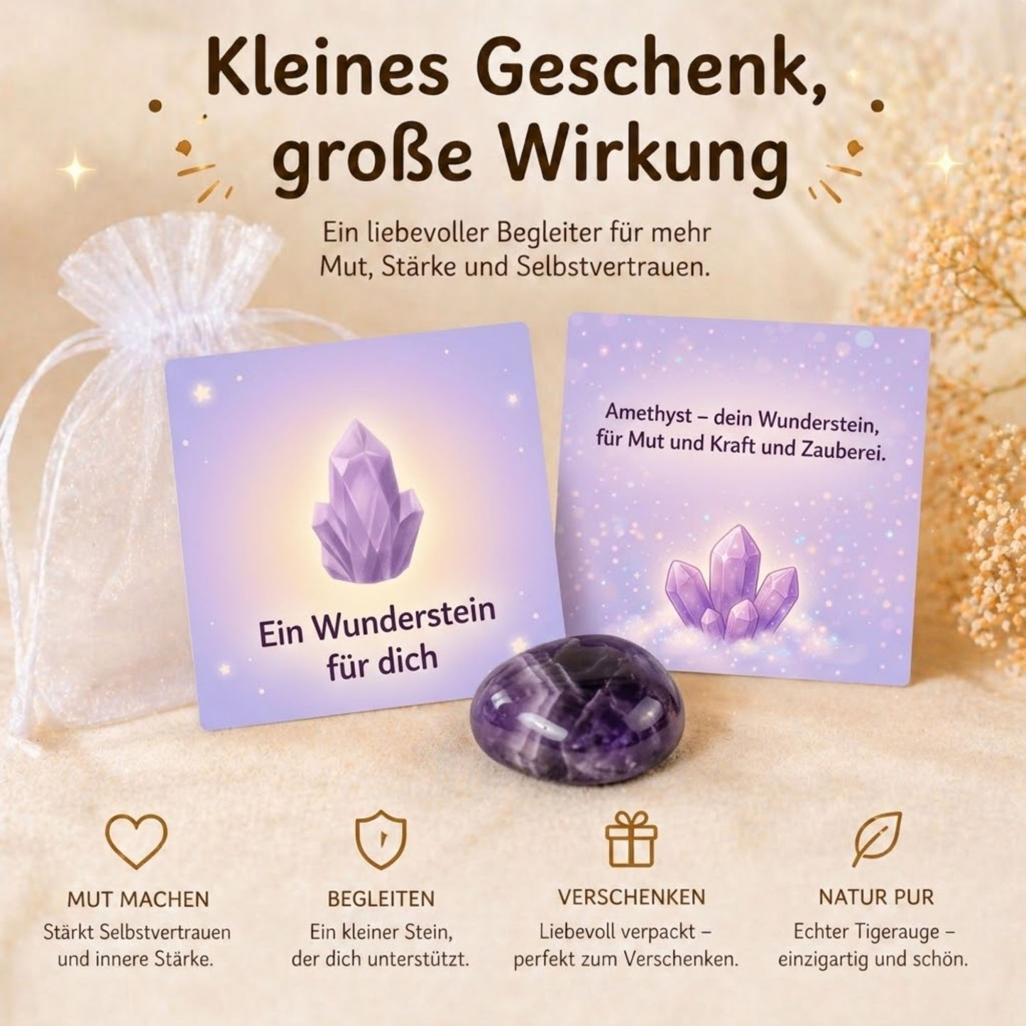 Wunderstein Amethyst zur Einschulung – Glücksstein mit Karte im Organzasäckchen