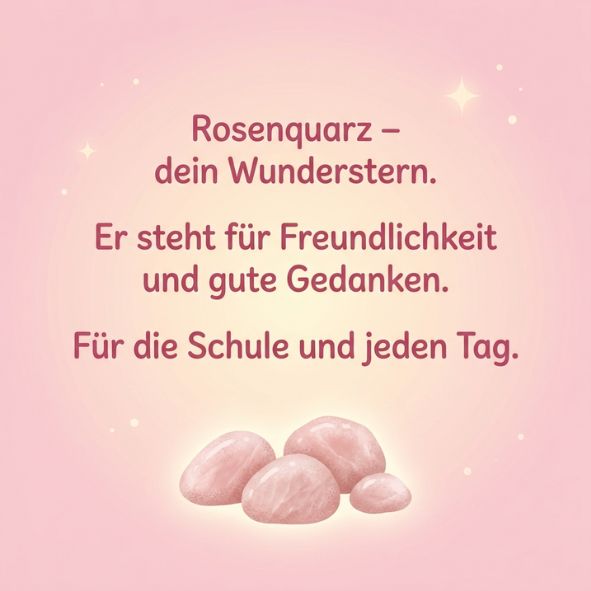 Wunderstern Rosenquarz zur Einschulung – Glücksstein mit Karte im Organzasäckchen